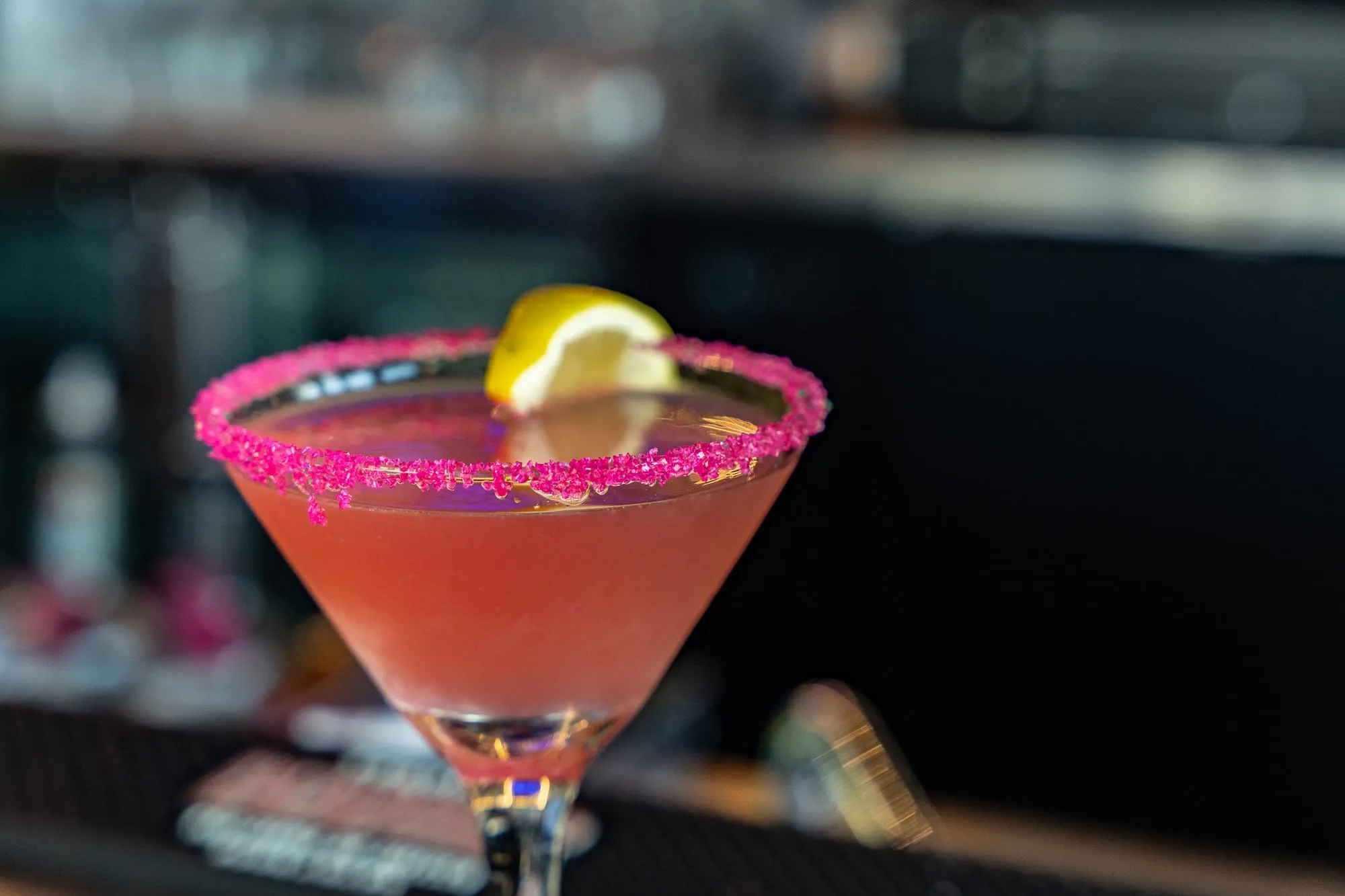 A pink prickly-pear margarita with a sugared rim at Cozumel